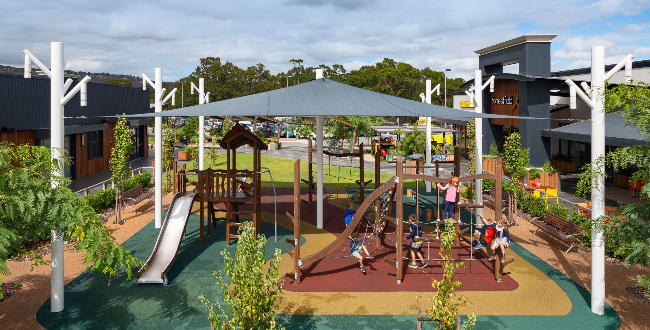 Family friendly shopping with fun outdoor play area plus indoor play room too!